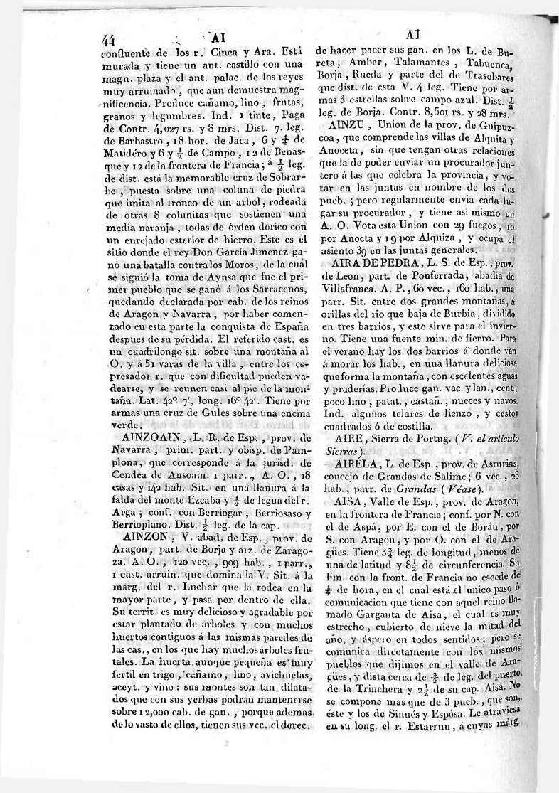Entrada Aira de Pedra en el diccionario de Miñano de 1826