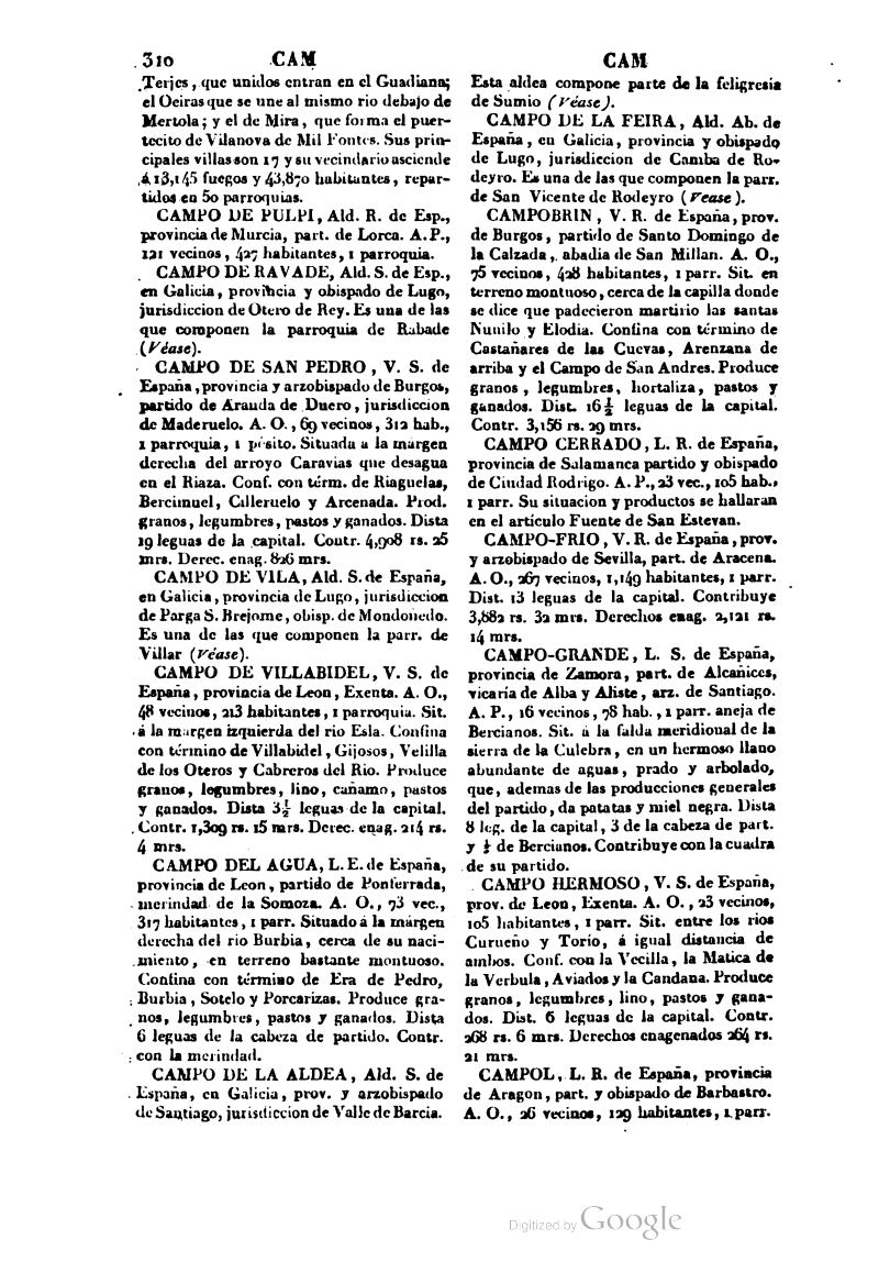 Entrada Campo del Agua en el diccionario de Miñano de 1826