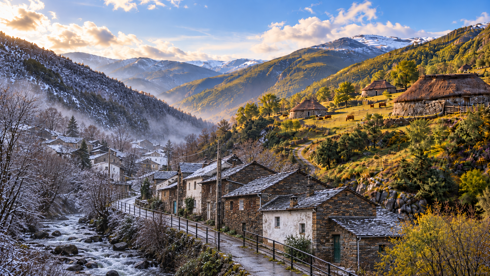 Panorámica ilustrada de Aira da Pedra en invierno junto al río y Campo del Agua en verano con sus pallozas